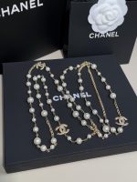 Chanel Brushed Metal Faux Pearl Long Sweater Chain Necklace,3 Pearl-Accents CC Charms - Image 5