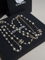 Chanel Brushed Metal Faux Pearl Long Sweater Chain Necklace,3 Pearl-Accents CC Charms - Image 3