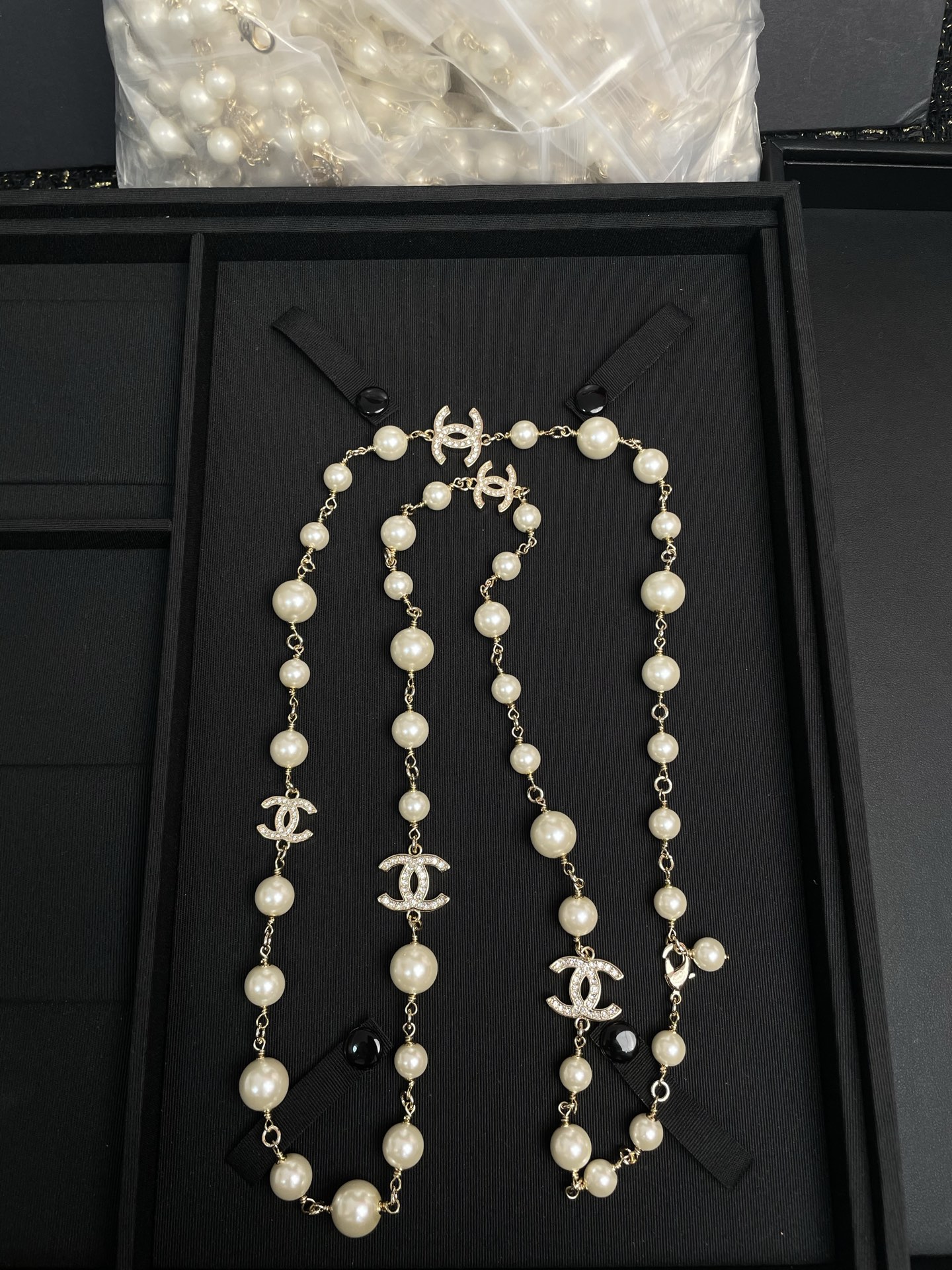 wsxc1789636584455_1 Chanel Brushed Metal Faux Pearl Long Sweater Chain Necklace,with 5 Pearl-Accents CC Charms - Image 1