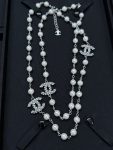 Chanel Brushed Metal Faux Pearl Long Sweater Chain Necklace,with 3 CZ-Accents-CC Charms