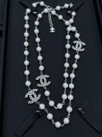 Chanel Brushed Metal Faux Pearl Long Sweater Chain Necklace,with 3 CZ-Accents-CC Charms