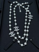 Chanel Brushed Metal Faux Pearl Long Sweater Chain Necklace,with 3 CZ-Accents-CC Charms - Image 3
