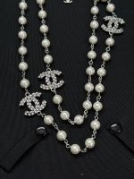 Chanel Brushed Metal Faux Pearl Long Sweater Chain Necklace,with 3 CZ-Accents-CC Charms - Image 4