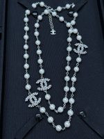 Chanel Brushed Metal Faux Pearl Long Sweater Chain Necklace,with 3 CZ-Accents-CC Charms - Image 5