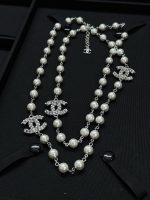 Chanel Brushed Metal Faux Pearl Long Sweater Chain Necklace,with 3 CZ-Accents-CC Charms - Image 6