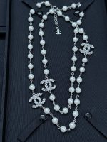 Chanel Brushed Metal Faux Pearl Long Sweater Chain Necklace,with 3 CZ-Accents-CC Charms - Image 7