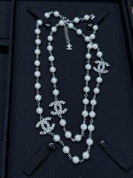 Chanel Brushed Metal Faux Pearl Long Sweater Chain Necklace,with 3 CZ-Accents-CC Charms - Image 8