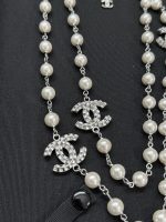 Chanel Brushed Metal Faux Pearl Long Sweater Chain Necklace,with 3 CZ-Accents-CC Charms - Image 2