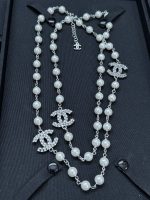 Chanel Brushed Metal Faux Pearl Long Sweater Chain Necklace,with 3 CZ-Accents-CC Charms - Image 9