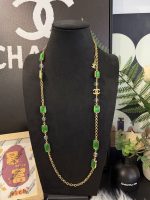 Chanel New Vintage Emerald Green Square Crystal Glass Beaded Long Sweater Chain Necklace