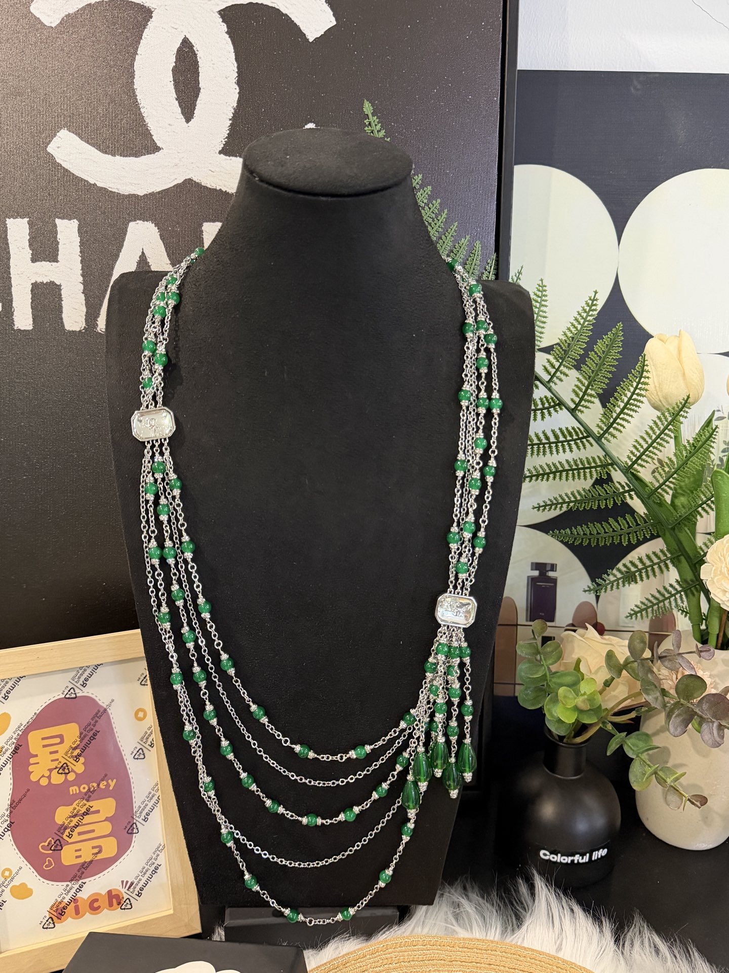 wsxc1789641983868_0 Chanel New Emerald Tassel Heavy-Duty Clear Square Crystal Multi-Layer Sweater Chain Necklace - Image 1