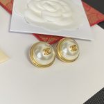 Chanel CC Logo Round Button Stud Earrings (Gold Tone with Imitation Pearl)