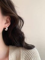 Chanel Style Quilted Pattern Wide C-Hoop Earrings (Rhinestone Paved Metal Huggies) - Image 5