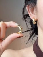 Chanel Style Quilted Pattern Wide C-Hoop Earrings (Rhinestone Paved Metal Huggies) - Image 3
