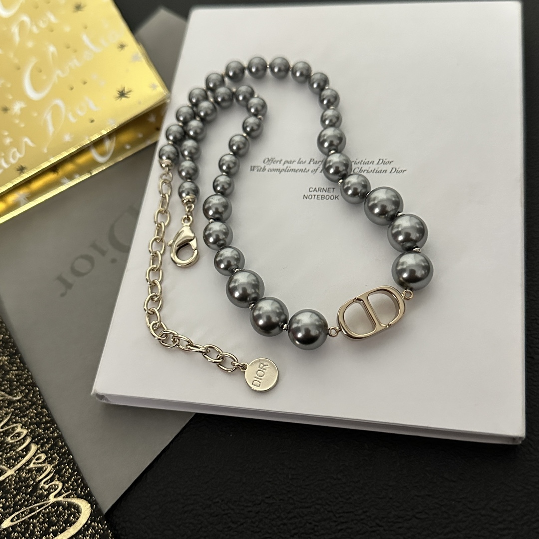 wsxc1789659411165_0 Dior Dark Grey Tahitian Faux Pearl Necklace (Vintage CD Clasp Choker) - Image 1
