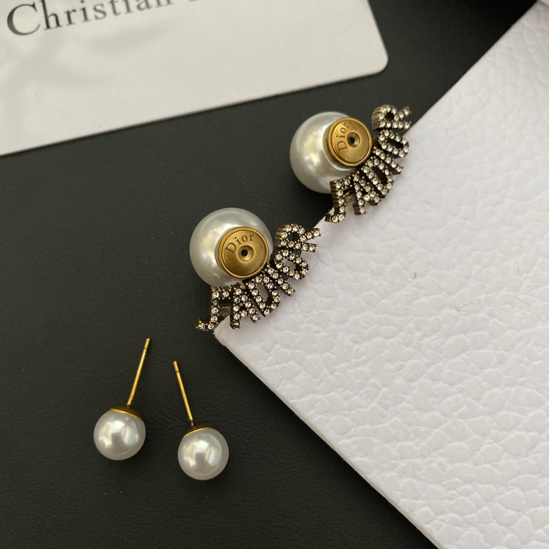 wsxc1789664788890_0 Dior Big & Small Faux Pearl Letter Earrings (Antique Gold Paved Crystal DIOR Logo Studs) - Image 1