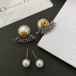 Dior Big & Small Faux Pearl Letter Earrings (Antique Gold Paved Crystal DIOR Logo Studs) - Image 2