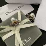 Dior Big & Small Faux Pearl Letter Earrings (Antique Gold Paved Crystal DIOR Logo Studs) - Image 4