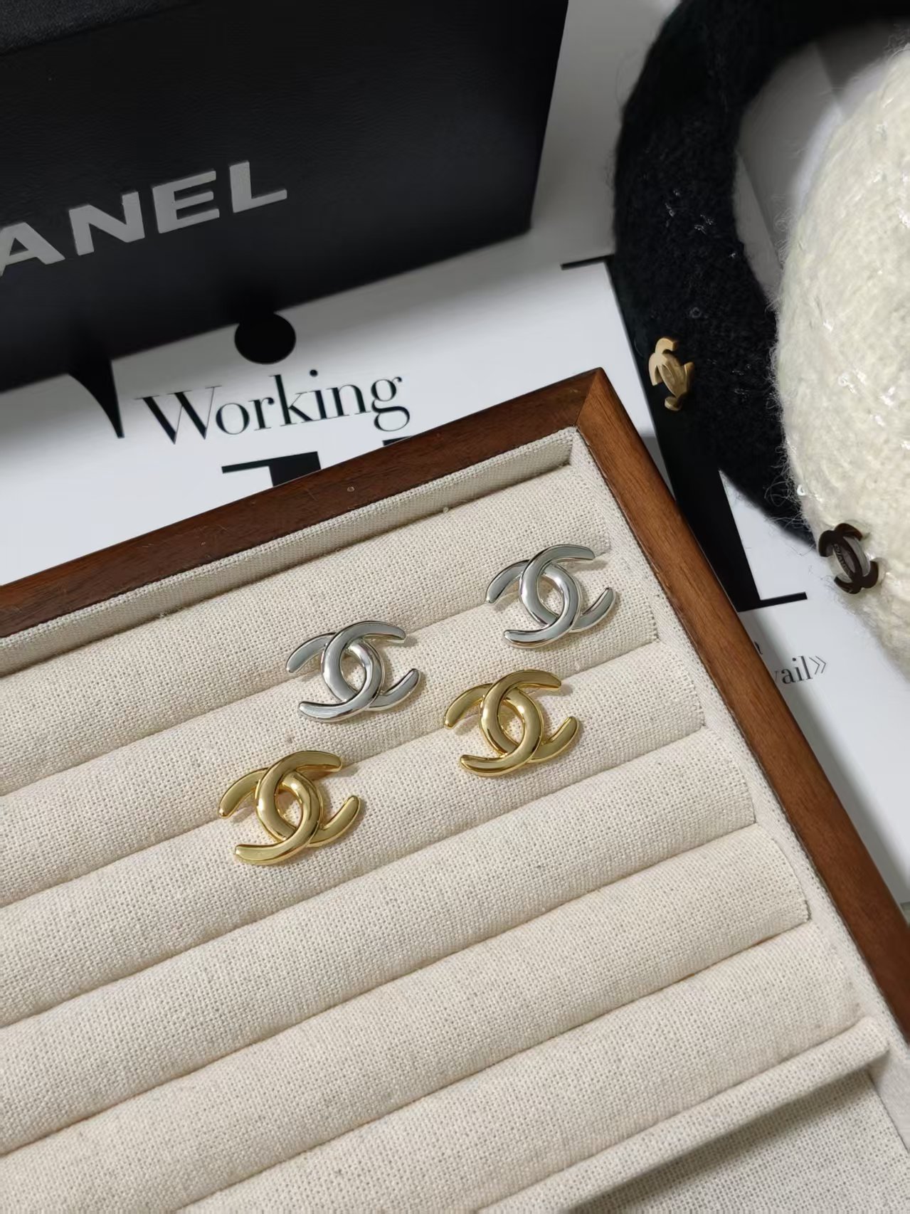 wsxc1789665078780_0 Chanel Style Classic Interlocking CC Metal Stud Earrings (Vintage Gold / Silver Tone Minimalist Earrings) - Image 1