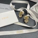 Dior 14K Gold Plated Mixed Faux Pearl Stud Earrings with Paved Crystal Clover CD Charm