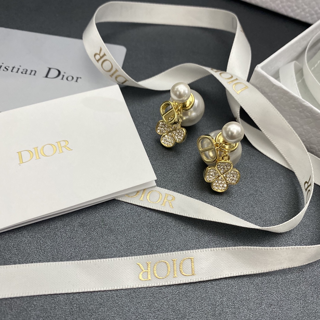 wsxc1789721710174_0 Dior 14K Gold Plated Mixed Faux Pearl Stud Earrings with Paved Crystal Clover CD Charm - Image 1