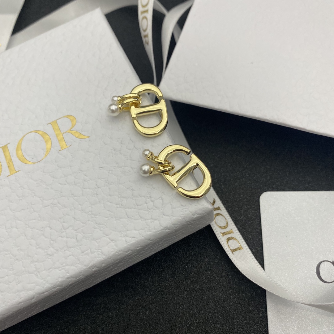 wsxc1789722030593_0 Dior CD Logo Earrings with Faux Pearl - 14K Gold Plated Brass Hypoallergenic 925 Silver Post Drop Earrings - Image 1