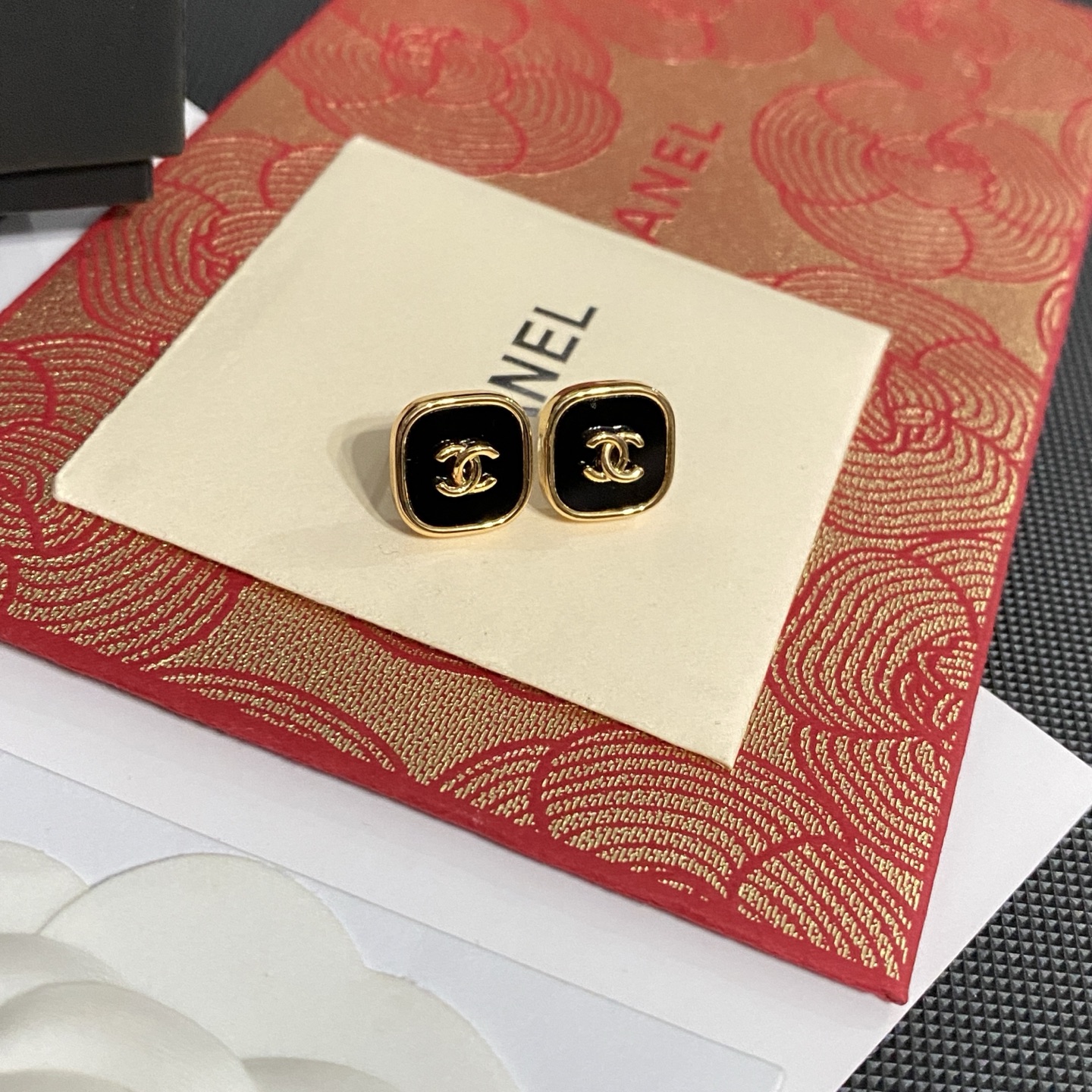 wsxc1789724093027_0 Chanel CC Logo Vintage Black & Gold Tone Square Stud Earrings - Image 1
