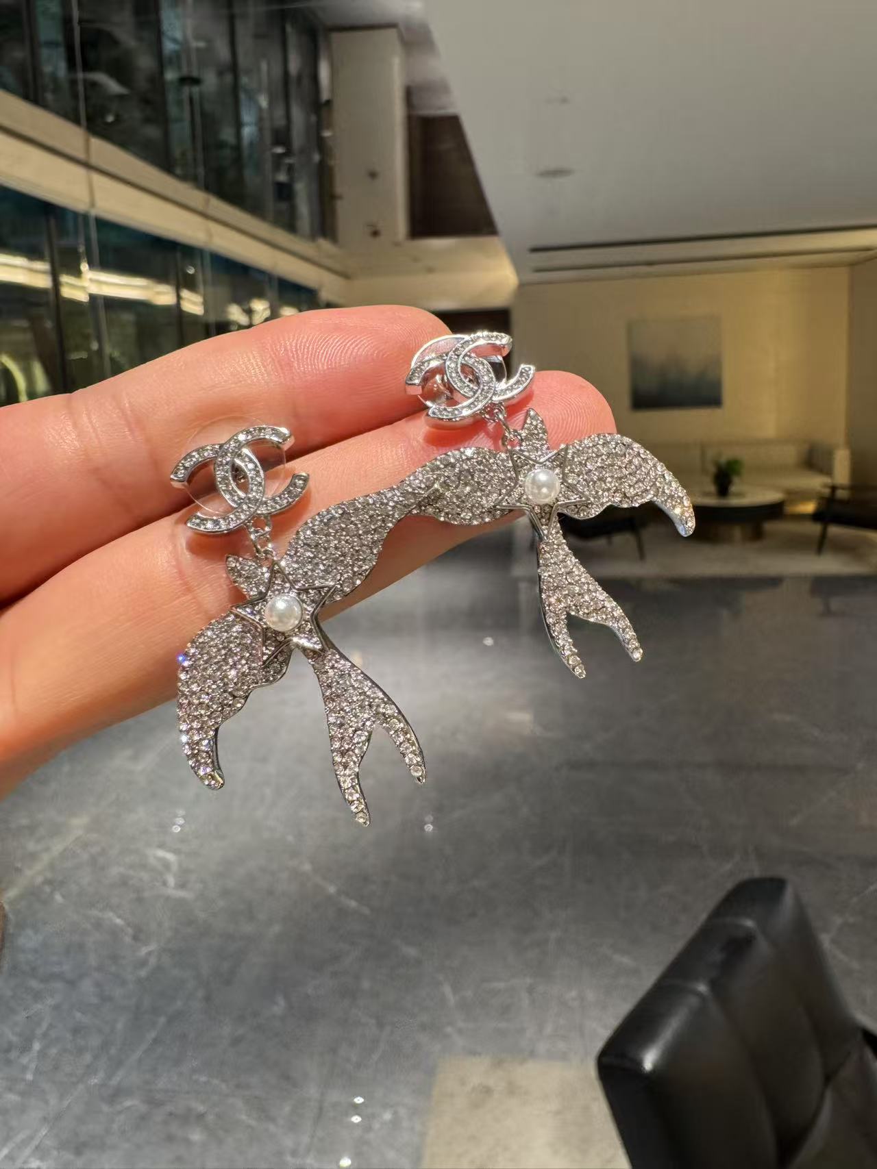 wsxc1789725838376_0 Chanel Crystal Paved Swallow Drop Earrings - Image 1