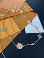 LV Turquoise Enamel & Crystal Paved Four-Leaf Flower Necklace,14K Gold Plated, Extra Long 88cm