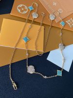 LV Turquoise Enamel & Crystal Paved Four-Leaf Flower Necklace,14K Gold Plated, Extra Long 88cm - Image 2