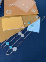 LV Turquoise Enamel & Crystal Paved Four-Leaf Flower Necklace,14K Gold Plated, Extra Long 88cm - Image 3