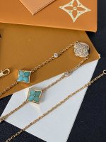 LV Turquoise Enamel & Crystal Paved Four-Leaf Flower Necklace,14K Gold Plated, Extra Long 88cm - Image 4