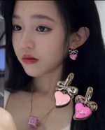 VW Silver-Tone Bow & 3D Enamel Pink Heart Drop Earrings with Saturn Charm - Image 4