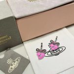 VW Silver-Tone Bow & 3D Enamel Pink Heart Drop Earrings with Saturn Charm