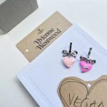 VW Silver-Tone Bow & 3D Enamel Pink Heart Drop Earrings with Saturn Charm - Image 2