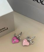 VW Silver-Tone Bow & 3D Enamel Pink Heart Drop Earrings with Saturn Charm - Image 3
