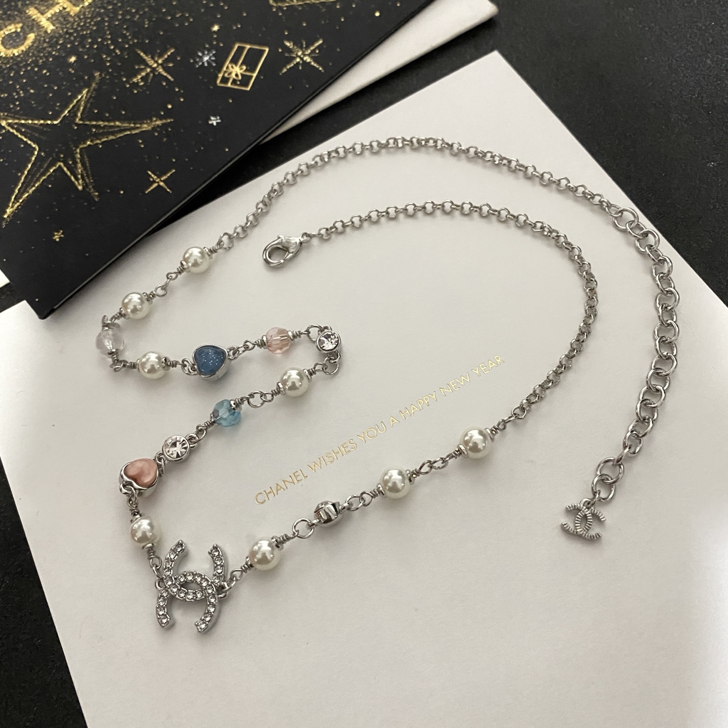 wsxc1789730855602_0 Chanel Faux Pearl & Rhinestone & CC Logo Necklace, Regular Length/56cm-Long White Gold Plated Chain - Image 1