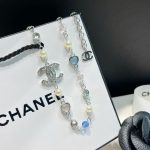 Chanel Faux Pearl & Rhinestone &  CC Logo Necklace, Regular Length/56cm-Long White Gold Plated Chain - Image 6