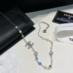 Chanel Faux Pearl & Rhinestone &  CC Logo Necklace, Regular Length/56cm-Long White Gold Plated Chain - Image 7