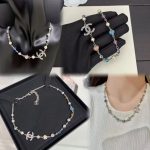 Chanel Faux Pearl & Rhinestone &  CC Logo Necklace, Regular Length/56cm-Long White Gold Plated Chain - Image 9