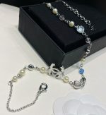 Chanel Faux Pearl & Rhinestone &  CC Logo Necklace, Regular Length/56cm-Long White Gold Plated Chain - Image 10
