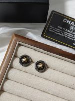 Chanel Black Button Stud Earrings with Gold Tone CC Logo