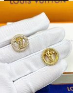 LV Iconic Stud Earrings, Full Pave Rhinestone Circle ,Gold Tone LV Letter Classic Logo - Image 2