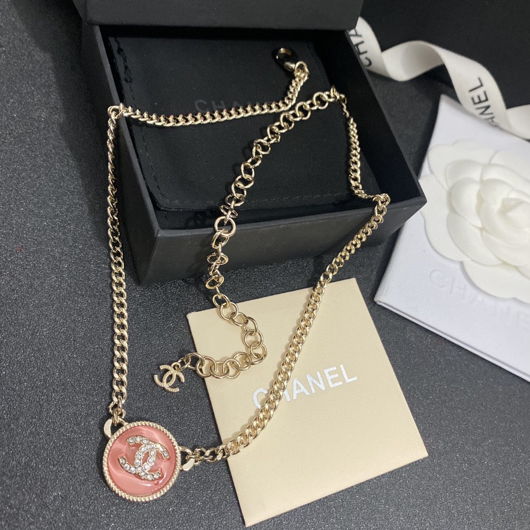 wsxc1789748613531_1 Chanel Pink Resin Round Disc Pendant Necklace with Rhinestone CC Logo - Image 1