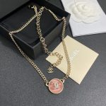 Chanel Pink Resin Round Disc Pendant Necklace with Rhinestone CC Logo - Image 2