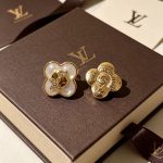LV Clover Stud Earrings, Imitation Mother-of-Pearl Finish with Gold Tone Star - Image 6