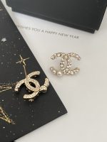 Chanel Style CC Logo Stud Earrings, Accented with Faux Pearl and Zirconia ,Real Gold Plated - Image 4