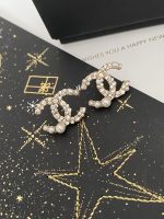 Chanel Style CC Logo Stud Earrings, Accented with Faux Pearl and Zirconia ,Real Gold Plated - Image 5
