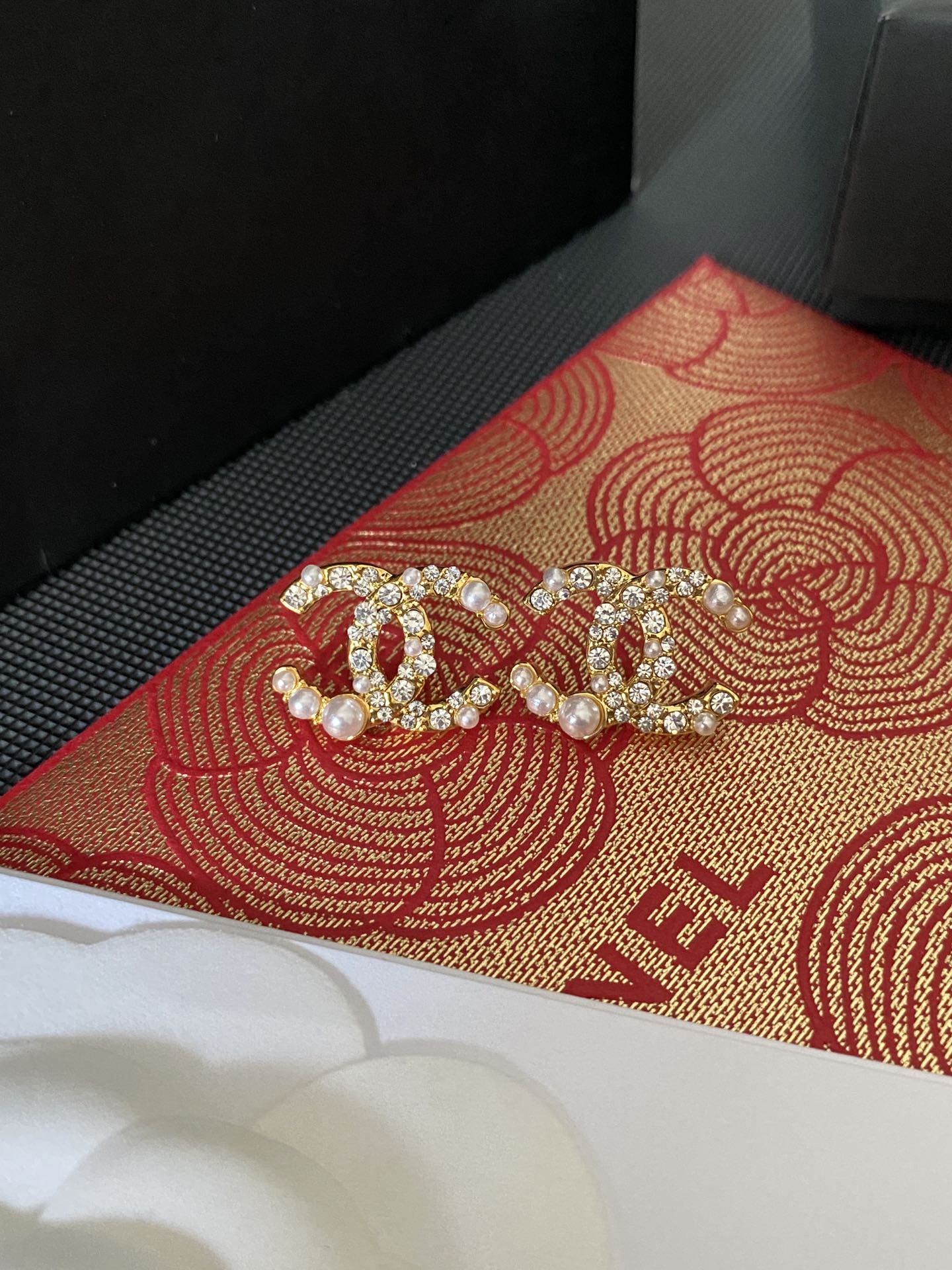 wsxc1789901410725_4 Chanel Style CC Logo Stud Earrings, Accented with Faux Pearl and Zirconia ,Real Gold Plated - Image 1