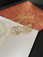 Chanel Style CC Logo Stud Earrings, Accented with Faux Pearl and Zirconia ,Real Gold Plated - Image 8